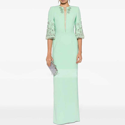 Elegant Mint Green Maxi Dress With Crystal For Paries