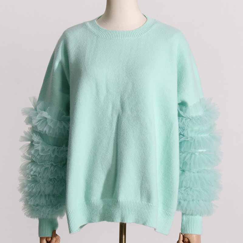 Women's Mint Sweater Loose Trendy Sweater With Lace Sleeves