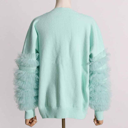 Women's Mint Sweater Loose Trendy Sweater With Lace Sleeves