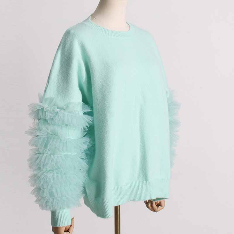 Women's Mint Sweater Loose Trendy Sweater With Lace Sleeves