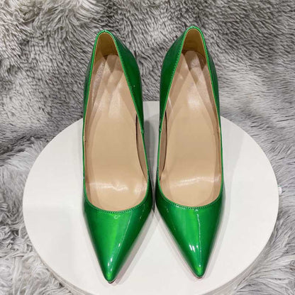 Green mirror finish stiletto pumps with a sleek design and pointed toes for stylish elegance