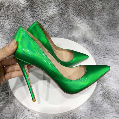 Vibrant green mirror finish stiletto pumps with a sleek design for elegant occasions