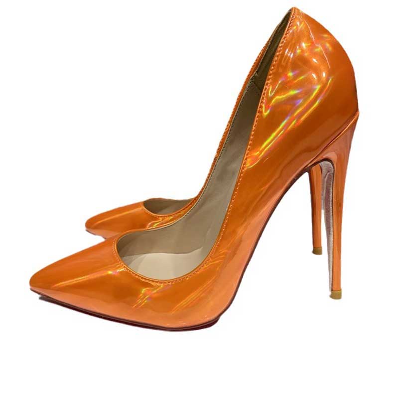 SD Dresscode & Fashiontrends orange mirror finish stiletto pumps with a sleek pointed toe design