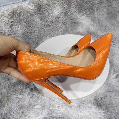 Orange mirror finish stiletto pumps by SD Dresscode & Fashiontrends with a sleek design and pointed toe