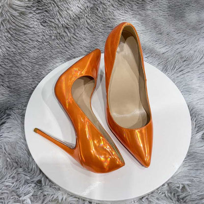 Orange mirror finish stiletto pumps with a sleek design for stylish footwear lovers