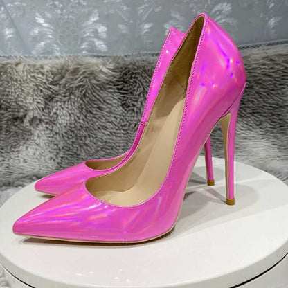Pink mirror finish stiletto pumps with a sleek design for elegant and chic outfits