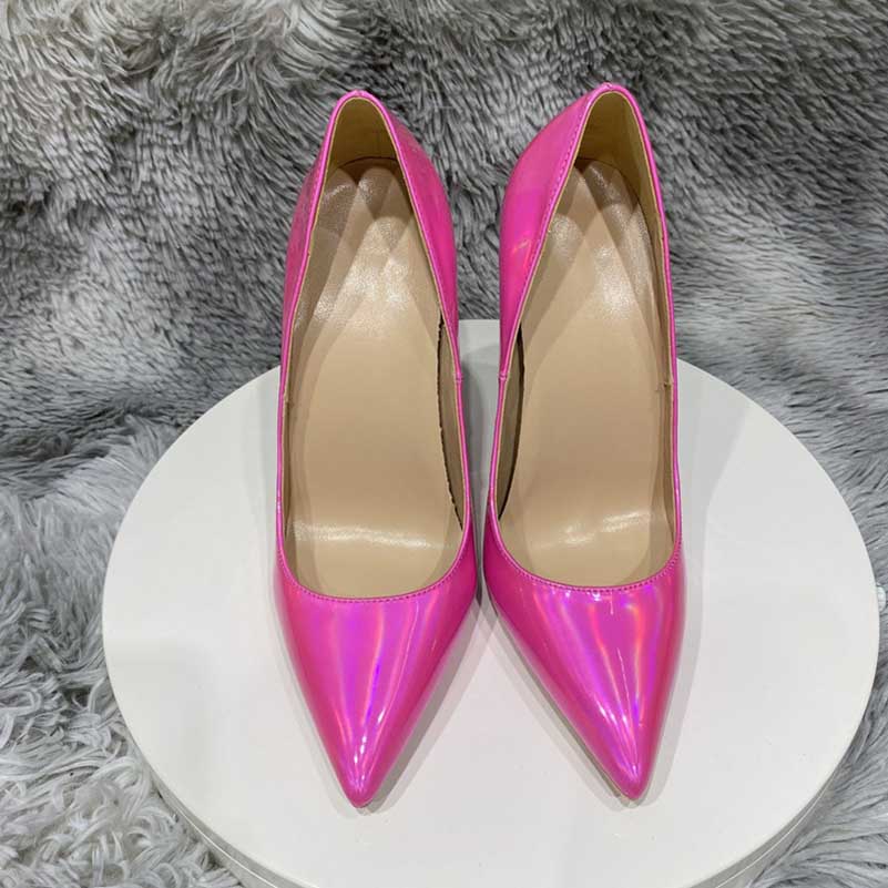 Vibrant pink mirror finish stiletto pumps with a sleek pointed toe design for stylish occasions