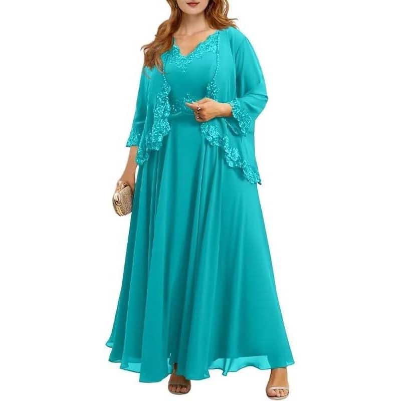 Elegant turquoise mother of the bride dresses with jacket featuring lace details and a flowing silhouette