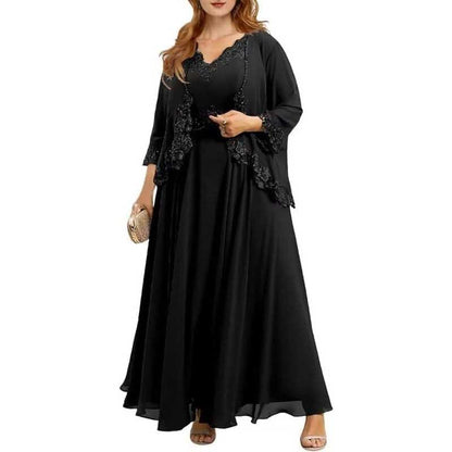 Elegant black mother of the bride dresses with jacket featuring lace details and flowing silhouette