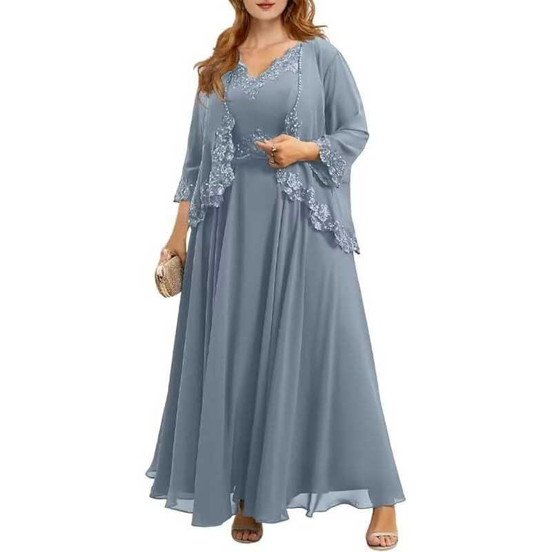 Elegant mother of the bride dresses with jacket featuring lace details in soft blue for special occasions