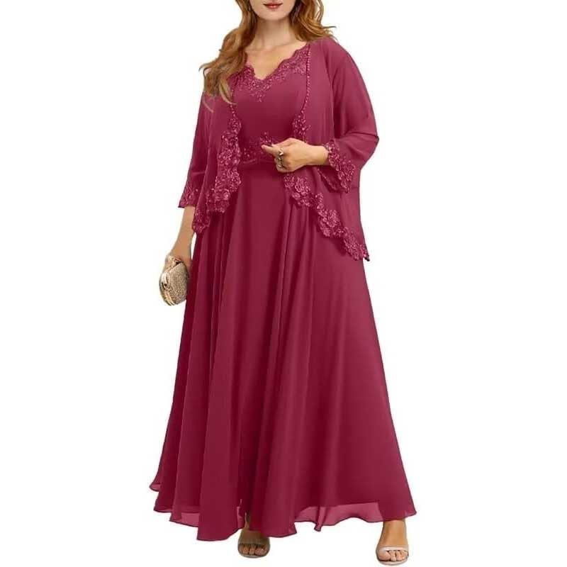 Elegant burgundy mother of the bride dresses with jacket featuring lace details and flowing skirt