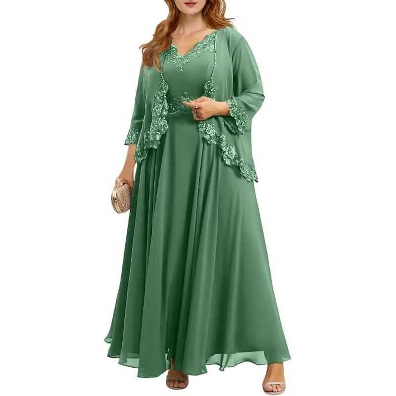 Elegant green mother of the bride dresses with jacket featuring lace detailing and a flowing silhouette