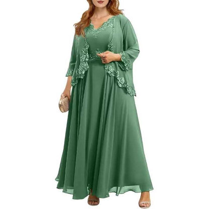 Elegant green mother of the bride dresses with jacket featuring lace detailing and a flowing silhouette