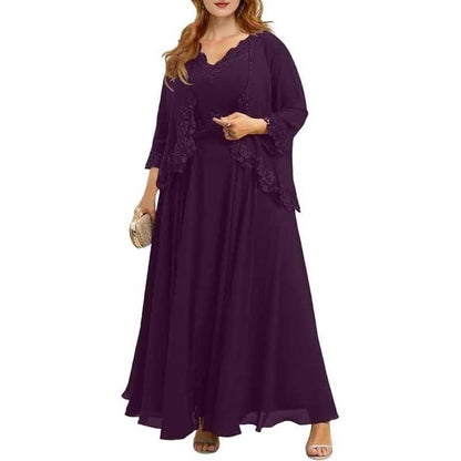 Elegant purple mother of the bride dresses with jacket featuring lace details and a flowing skirt