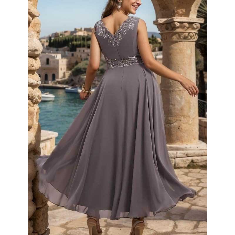 Elegant gray mother of the bride dresses with jacket, featuring a beautiful back design and flowing skirt