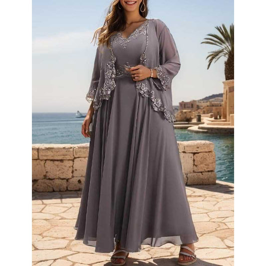 Elegant gray mother of the bride dresses with jacket featuring intricate lace detailing and flowing silhouette