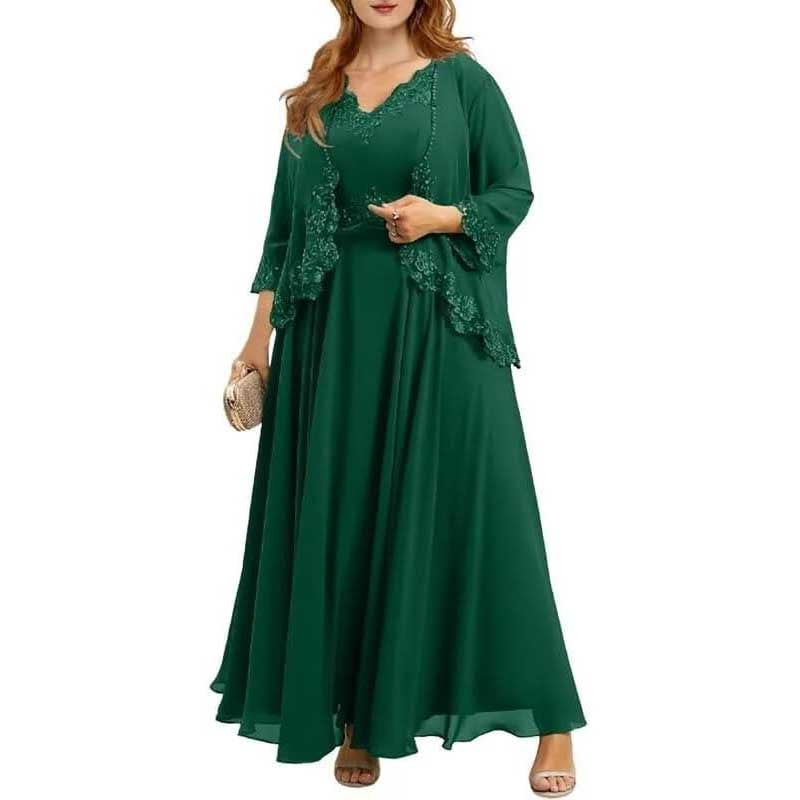 Elegant green mother of the bride dresses with jacket featuring lace details and a flowing silhouette