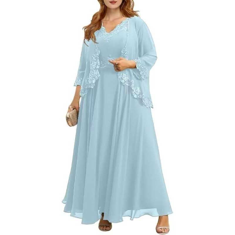 Elegant light blue mother of the bride dresses with jacket featuring lace details and flowing design