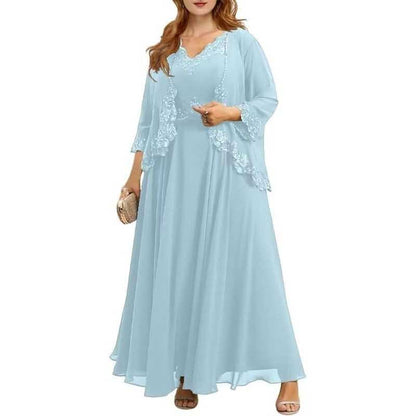 Elegant light blue mother of the bride dresses with jacket featuring lace details and flowing design