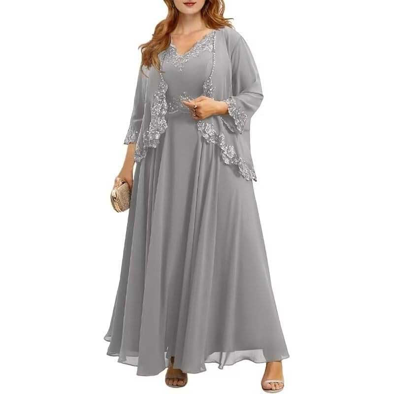 Elegant gray mother of the bride dresses with jacket featuring lace details and flowing design