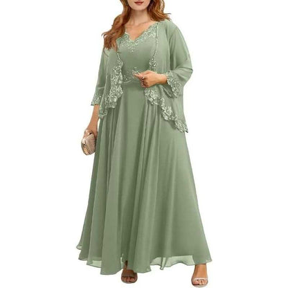 Elegant mother of the bride dresses with jacket in soft green featuring lace details and flowy design