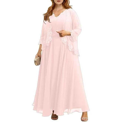 Elegant mother of the bride dresses with jacket in soft pink featuring lace details and flowing silhouette