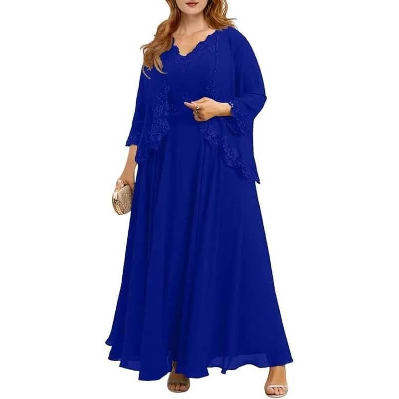 Elegant blue mother of the bride dresses with jacket featuring lace details and flowing silhouette