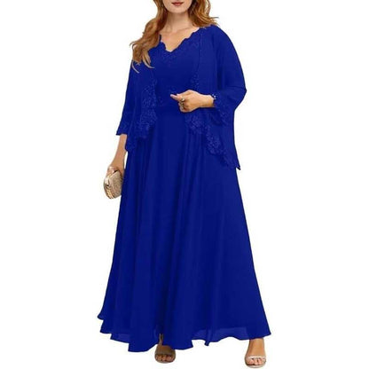 Elegant blue mother of the bride dresses with jacket featuring lace details and flowing silhouette