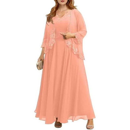 Elegant peach mother of the bride dresses with jacket featuring lace detailing and flowy design