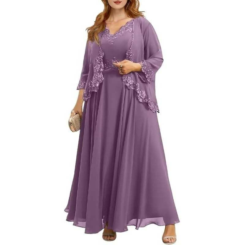 Elegant mother of the bride dresses with jacket in lavender featuring floral lace details and flowing design
