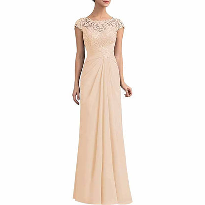 Elegant mother of the bride lace chiffon dress in beige with cap sleeves and floral lace detailing