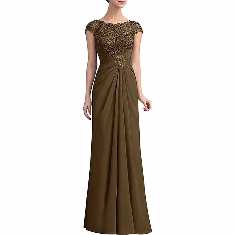 Elegant mother of the bride lace chiffon dress in brown with detailed bodice and flowing skirt