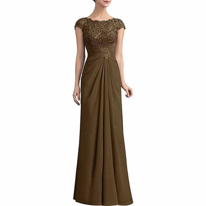 Elegant mother of the bride lace chiffon dress in brown with detailed bodice and flowing skirt