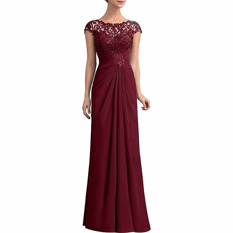 Elegant burgundy mother of the bride lace chiffon dress with cap sleeves and floor-length design