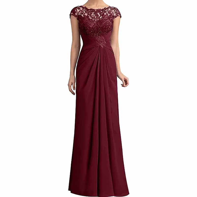 Elegant mother of the bride lace chiffon dress in burgundy with cap sleeves and a flattering silhouette