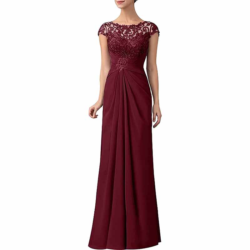 Elegant burgundy mother of the bride lace chiffon dress with intricate lace top and flowing skirt