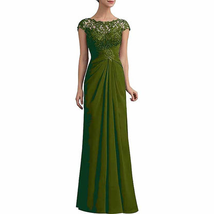 Dark Green mother of the bride lace chiffon dress in soft pink with a flattering silhouette and cap sleeves