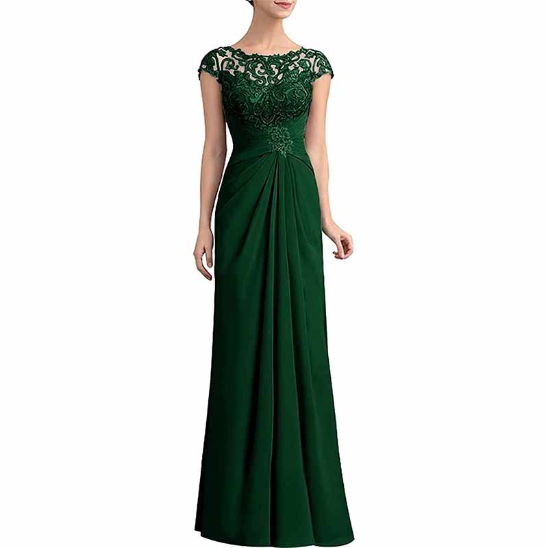 Elegant green mother of the bride lace chiffon dress with cap sleeves and a pleated skirt