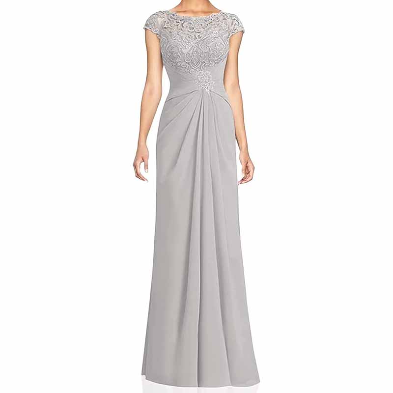 Elegant mother of the bride lace chiffon dress in grey with cap sleeves and intricate detailing