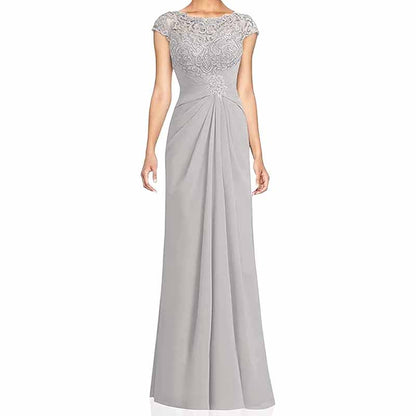 Elegant mother of the bride lace chiffon dress in grey with cap sleeves and intricate detailing