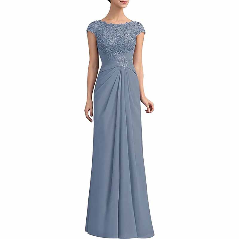 Elegant mother of the bride lace chiffon dress in blue featuring a fitted bodice and flowing skirt