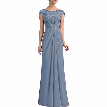 Elegant mother of the bride lace chiffon dress in blue featuring a fitted bodice and flowing skirt