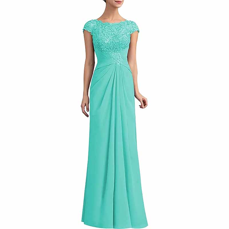 Elegant mother of the bride lace chiffon dress in turquoise with cap sleeves and a flattering silhouette
