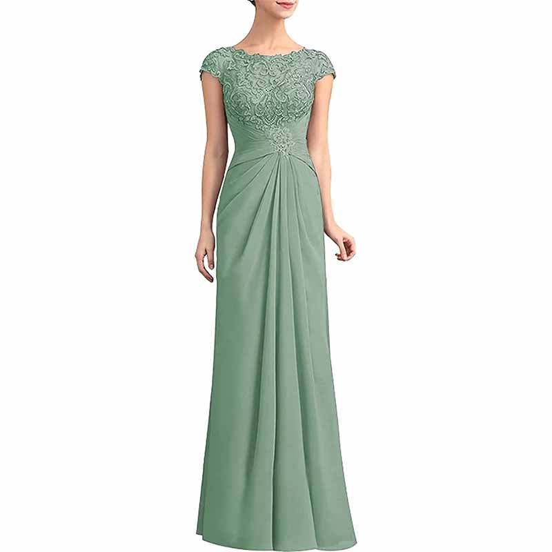 Elegant mother of the bride lace chiffon dress in soft green featuring a fitted bodice and flowing skirt