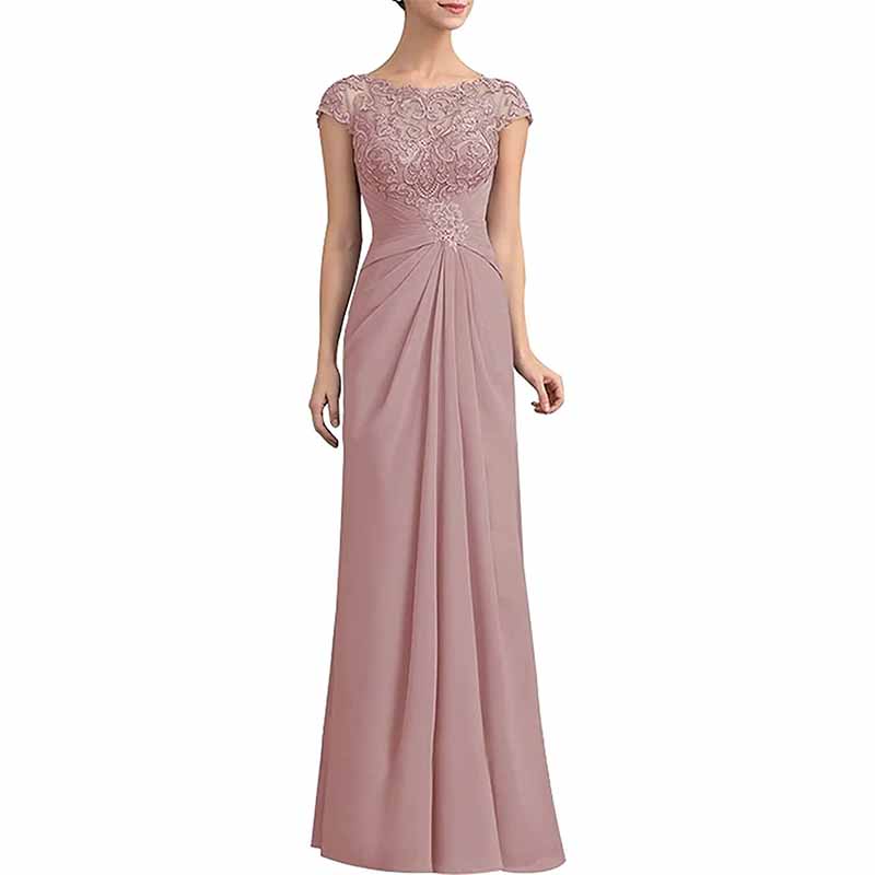Elegant mother of the bride lace chiffon dress in soft pink with a flattering silhouette and cap sleeves