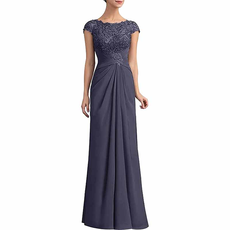 Elegant mother of the bride lace chiffon dress in navy blue with cap sleeves and exquisite detailing