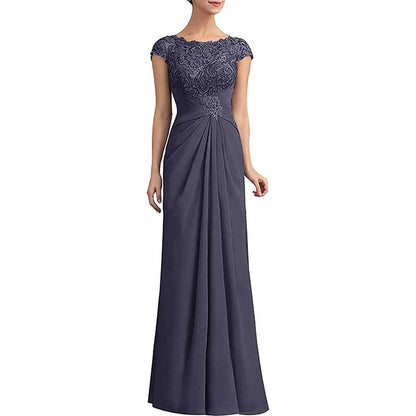 Elegant mother of the bride lace chiffon dress in navy blue with cap sleeves and exquisite detailing