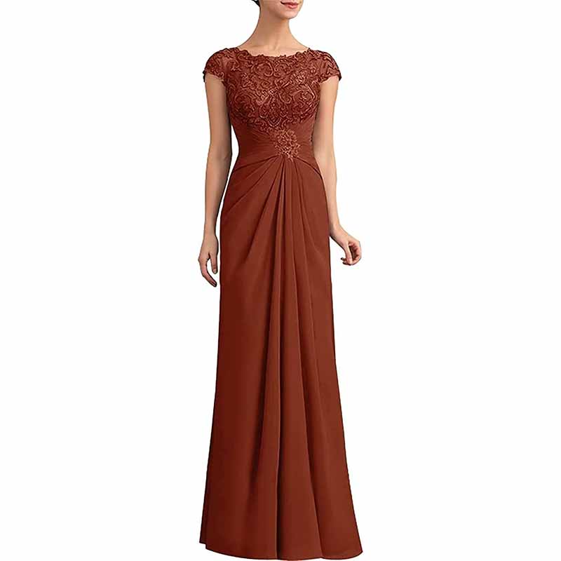 Elegant mother of the bride lace chiffon dress in warm rust color with intricate beading details