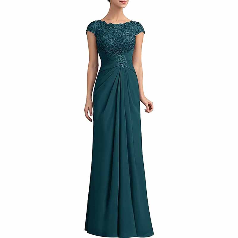 Elegant teal mother of the bride lace chiffon dress featuring a fitted bodice and flowing skirt