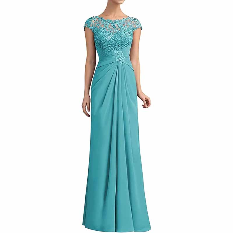 Elegant mother of the bride lace chiffon dress in turquoise featuring a cap sleeve design and a flattering silhouette